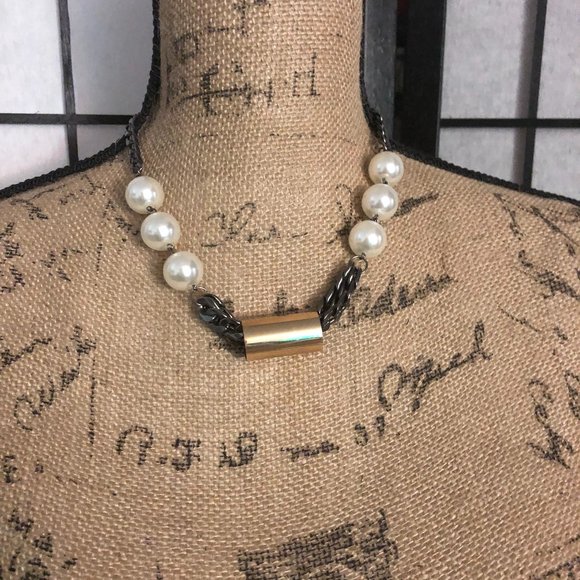 gun metal chain with white beads necklace